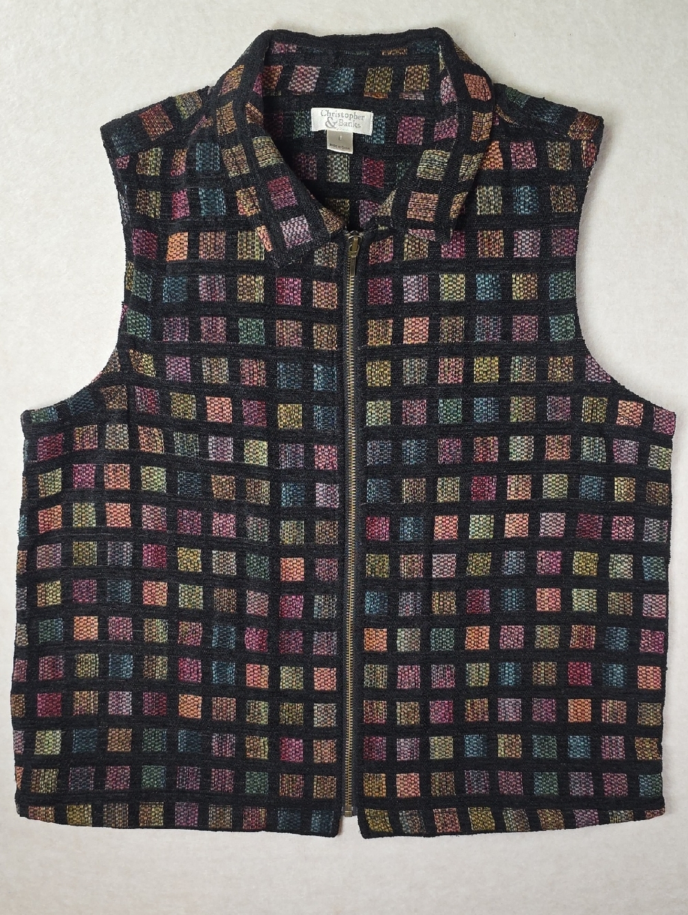 Christopher & Banks 2007 Black Tapestry Multicolor Checked Zip Vest Preppy Boho
